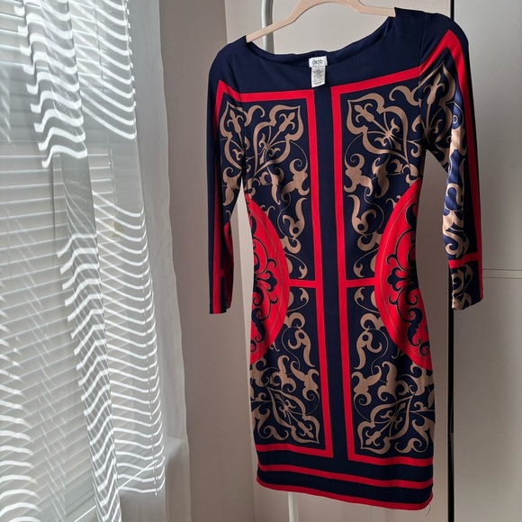 Cache Navy Red Tan Baroque Print 3/4 Sleeve Bodycon Dress Size Small - Picture 3 of 4